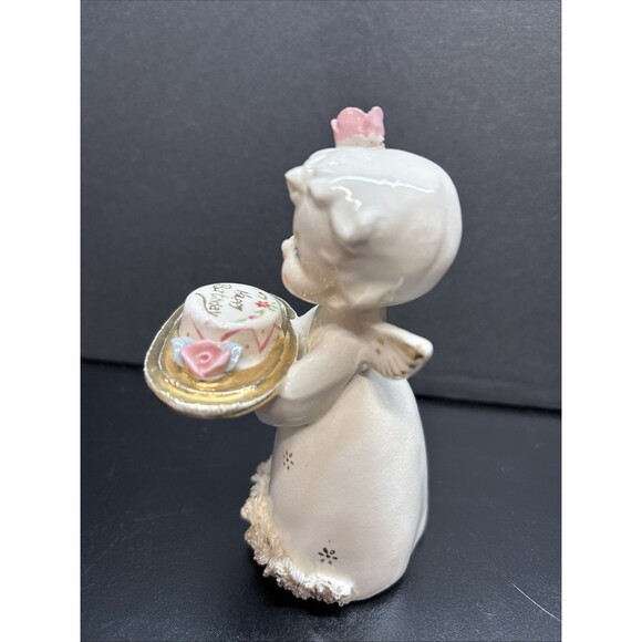 Vintage Napco Porcelain ANGEL Holding Happy Birthday Cake Japan - Picture 2 of 7